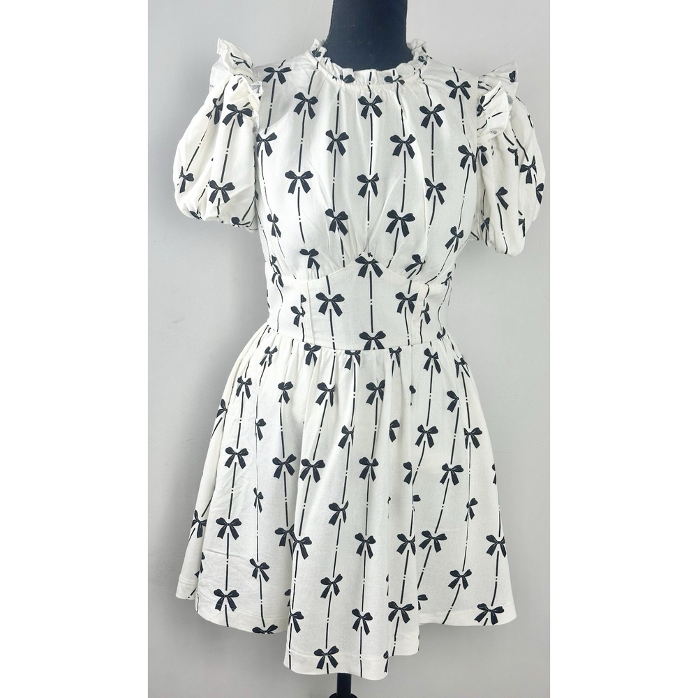 Francesca's Lora Bow Stripe Mini Dress-Women Sz S Ivory Black S/S Puff Sleeve
